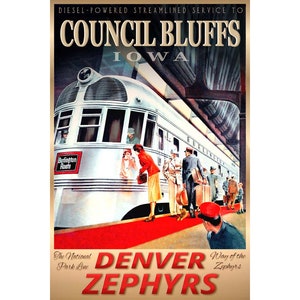Op de afbeelding: Vintage reisposter dat reclame maakt voor een diesel-aangedreven gestroomlijnde treindienst naar Council Bluffs, Iowa. De poster toont een zilveren trein met rode accenten, de woorden "Denver Zephyrs" en "Way of the Zephyrs", en de tekst "The National Park Line".