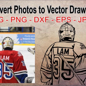 Peut inclure: Illustration vectorielle en noir et blanc d'un joueur de hockey portant un maillot avec le numéro 35 et le mot "LAM" dessus. Le joueur tient un bâton de hockey et est en position de patinage.