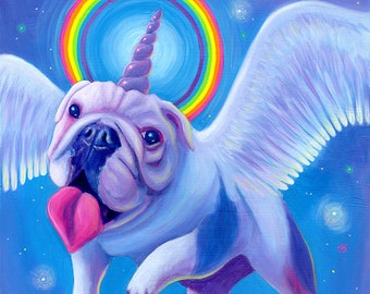 Kittycorn - Miniature Bulldog Unicorn Art Print - Rainbow Royal Puppy Dog Painting - Cute Silly Colorful Fine Art - Wall Art