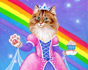 Princess Cake Art Print - Rainbow Princess Queen Royal Kitty Cat Painting - Cute Silly Colorful Fine Art - Wall Art - Home Decor