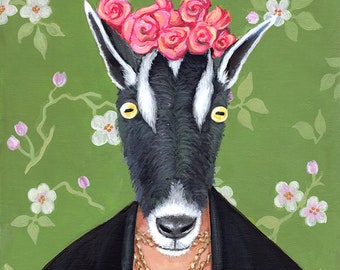 Goata Kahlo - Frida Kahlo Parody - Alternative Portrait Print of Original Painting - Fine classic Famous Female Artist Pygmy Goat Woman