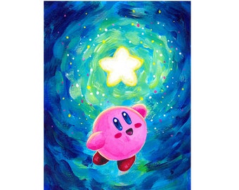 Kirby Star Art Print of Original Painting - Video Game Fan Art - Cute Frameable Art - Video Game Art Katie Clark - Gift for Gamer