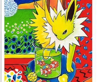 Yellow Cat with Red Fish Print - Pokemon Fan Art - Video Game Art