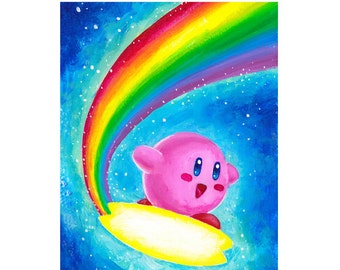 Kirby Rainbow Art Print of Original Painting - Fan Art - Video Game Art - Cute Framed Art - Video Game Art Katie Clark - Gift for Gamer