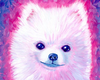 White Pomeranian Original Acrylic Painting - Pink Dog Pet Portrait - Cute Puffball Fluffball Poofball Wall Home Decor Katie Clark Art