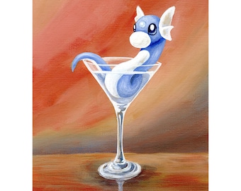 Dratini Martini Print - Pokemon Fan Art - Video Game Art - Cute Dragon Monster Cocktail Art Gift for Gamer Katie Clark Art