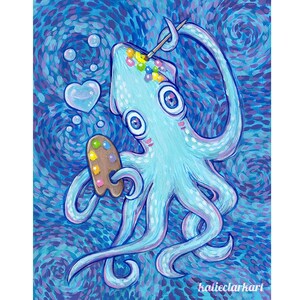 Fancy Artist Monster Squid - Art Print of Original Acrylic Painting Artist Painter Octopus Tentacles Home Decor Wall Art
