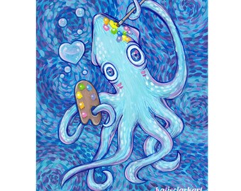 Fancy Artist Monster Squid - Art Print of Original Acrylic Painting Artist Painter Octopus Tentacles Home Decor Wall Art