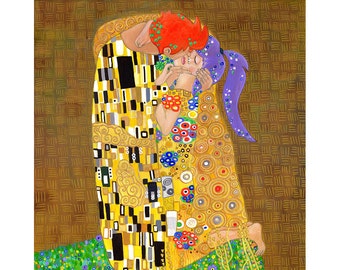 Kissurama - Art Print of Original Acrylic Painting - Alternative Gustav Klimt The Kiss - Geek Parody - Video Game Art - Katie Clark Art