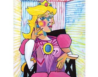 Princess Peachcasso Print of Original Painting - Peach Picasso Portrait of Dora Maar Alternative - Video Game Fan Art - Parody