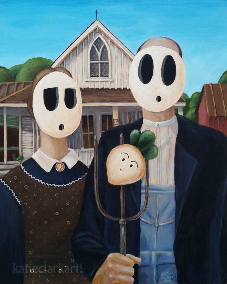 Shy Guy Gothic American Gothic Print American Gothic Parody Shy Guy Art Painting Mario Brothers Villain Print Game Art image 1