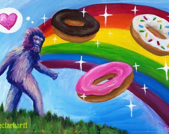 Bigfoot Art Print - Sasquatch Art Print - Rainbow Bigfoot - Donut Bigfoot - Rainbow Art - Rainbow Donut Art - Rainbow Donut Print