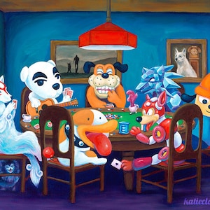 May include: A painting of a group of animal characters playing cards around a green felt table. The characters include a white dog with a red nose, a blue wolf, a red fox, a white dog with a red hat, and a white dog with a red bandana. The painting is set in a blue room with a red light fixture hanging from the ceiling.