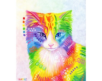 Rainbow Cat Art Print - Kitty Kitten Rainbow Pattern Painting - Cute Colorful Fine Pet Portrait - Wall Art - Home Decor