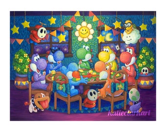 Yoshis Playing Poker Art Print - Video Game Art - Cute Rainbow Dinosaur Gift for Gamer Katie Clark Art