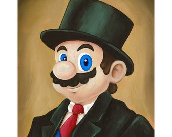 Dapper Mario - Super Mario Painting - Fancy Top Hat and Tie Mario Geek Parody - Video Game Art - Gift for Gamer Katie Clark Art