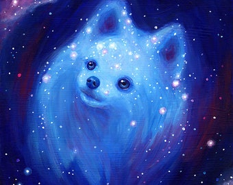 Galaxy Pomeranian Art Print - Blue Dog Painting Pet Portrait - Cute Puffball Fluffy Fluffbutt Poofball Wall Home Decor Katie Clark Art