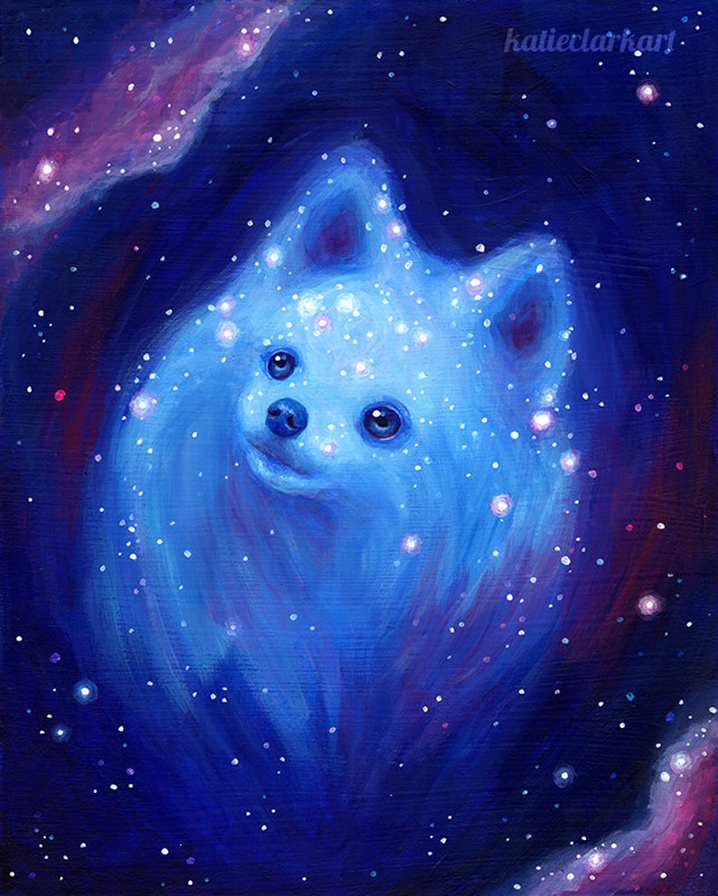  Galaxy  Pomeranian Art Print Blue Dog  Painting Pet Portrait 