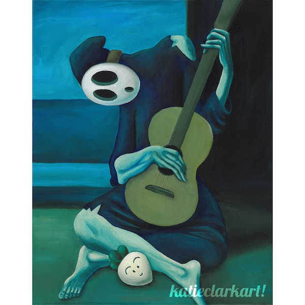 The Shy Guitarist - Shy Guy Painting - Pablo Picasso Print - Alternative Old Guitarist - Video Game Fan Art - Parody Art Print