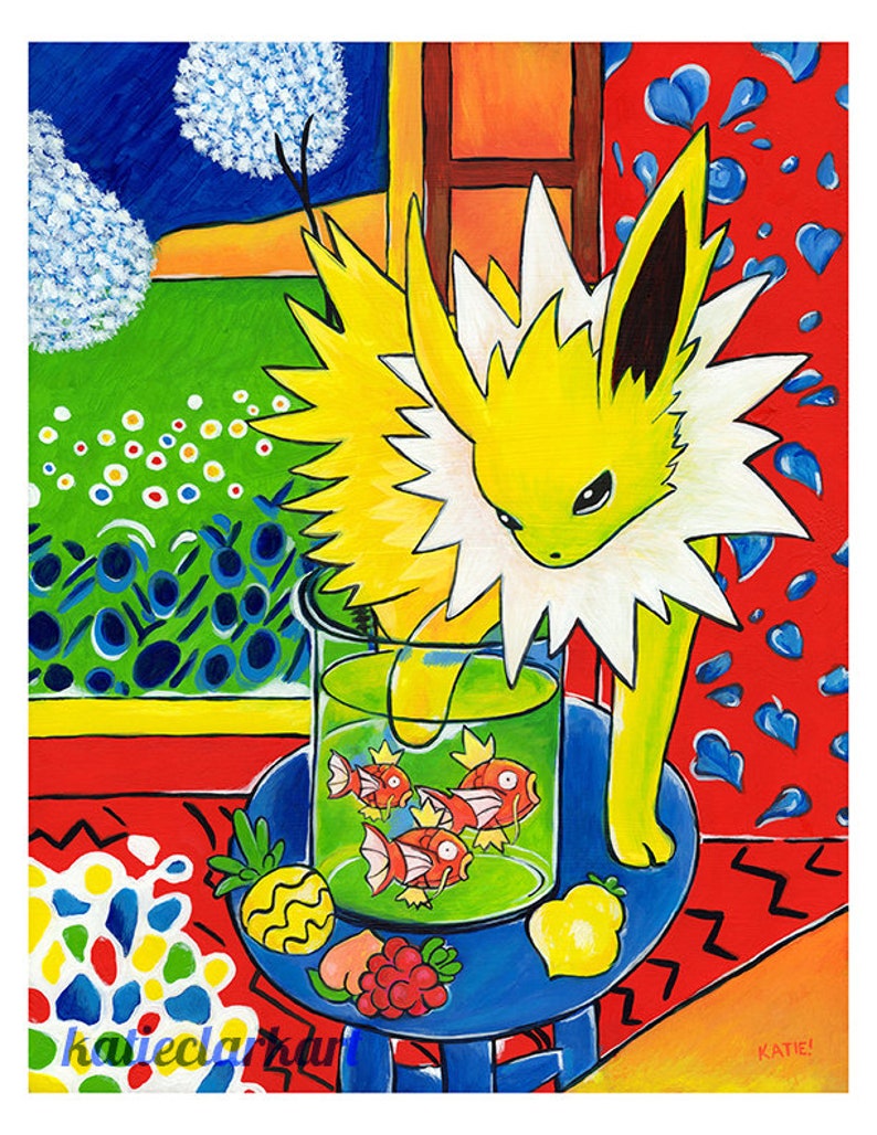 Yellow Cat with Red Fish Print Pokemon Fan Art Video Game Art image 2