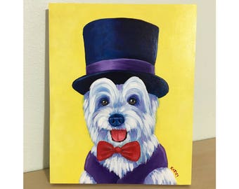 Doggie Style - White Highland Terrier Original Acrylic Painting - Top Hat Dog Costume Pet Portrait - Wall Home Decor Katie Clark Art