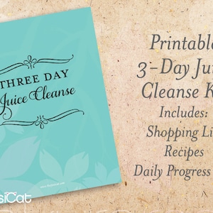 May include: A printable 3-day juice cleanse kit with a turquoise cover featuring a floral design and the text "THREE DAY Juice Cleanse". The kit includes a shopping list, recipes, and a daily progress log.