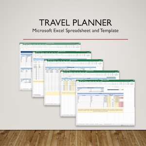 May include: A digital travel planner template for Microsoft Excel. The image shows several open spreadsheets with data tables and the text "TRAVEL PLANNER" and "Microsoft Excel Spreadsheet and Template" at the top.
