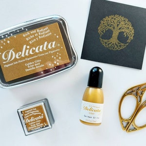 Tampone per inchiostro Delicata, Tampone per inchiostro dorato, Carta da regalo natalizia, Rame argentato, Flacone di inchiostro di ricarica per tampone per inchiostro, Etichette regalo fai da te, Inchiostro dorato per francobolli