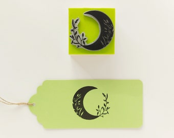 Floral Crescent Moon Stamp, Moon Rubber Stamp, Celestial Boho Decor, Lunar Phases Card, Mystical Diary, Moon Theme Planner, Mystic Notebook