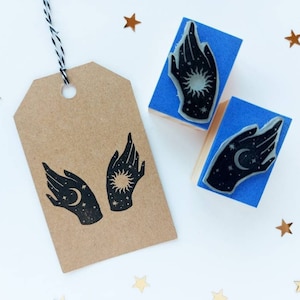 Timbres mystiques à main, tampons en caoutchouc à main au henné, lune et étoiles Boho, invitation de mariage Boho, fournitures de sorcellerie, carte féminine