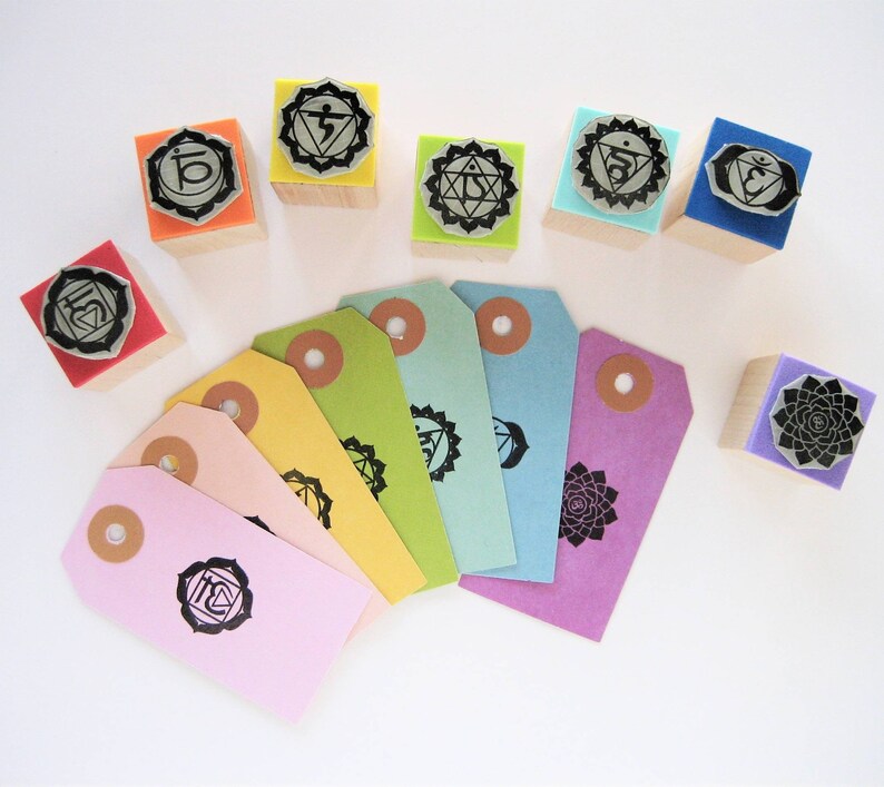 CHAKRAS Rubber Stamps SET, Seven Chakras Stamp, Set of Seven Chakras Stamps, Gift for Yoga Teacher, Reiki Diary, Buddhist Meditation Journal image 1