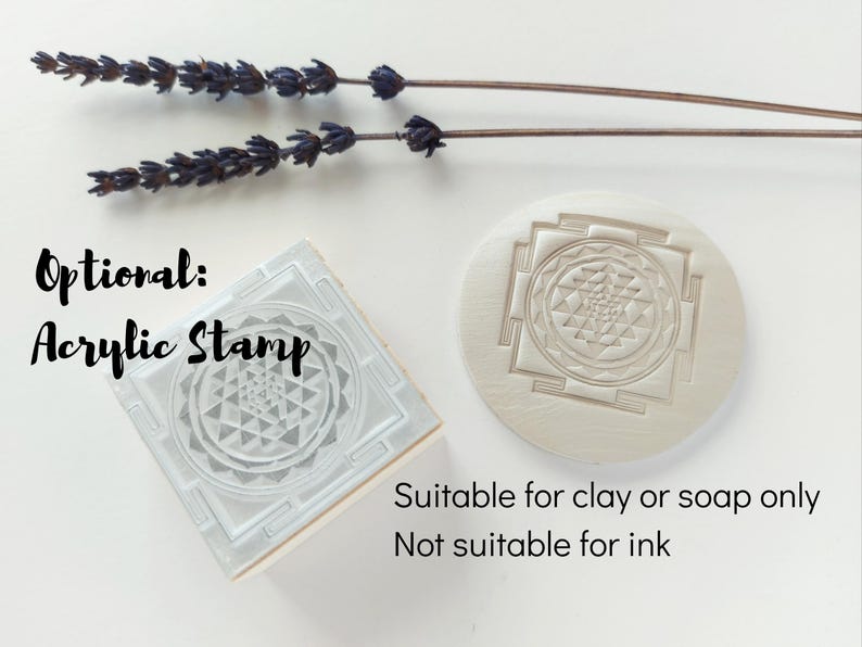 May include: An acrylic stamp with a geometric design, alongside a round stamp with the same pattern. The text reads "Optional: Acrylic Stamp" and "Suitable for clay or soap only, Not suitable for ink". Lavender sprigs are in the background.
