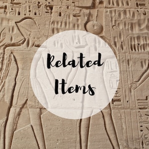 May include: A close-up of a stone relief carving with hieroglyphics. The text "Related Items" is superimposed on the image.