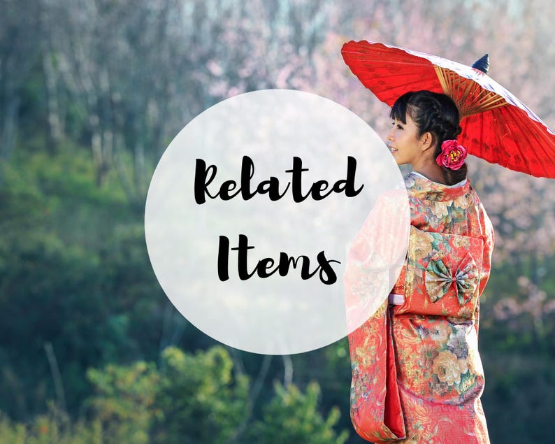 May include: A woman in a traditional Japanese kimono and holding a red parasol. The kimono is red with floral patterns and a large bow. The text "Related Items" is in a white circle.