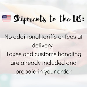 May include: Image with text: Shipments to the US: No additional tariffs or fees at delivery. Taxes and customs handling are already included and prepaid in your order.