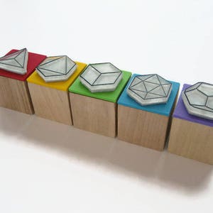 May include: Six wooden blocks with different geometric shapes on top. The blocks are painted in a rainbow of colors, starting with red and ending with purple.