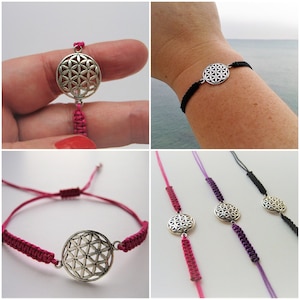 Flower of Life Bracelet, Sterling Silver Charm, Adjustable Macrame Bracelet, Boho Chic Jewelry for Yoga Teacher, Spiritual Gift for Women