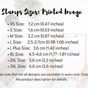 May include: A size chart titled Stamps Sizes: Printed Image listing dimensions in centimeters and inches for sizes XS through 3XL, ranging from 1.2 cm (0.47 inches) to 6.6 cm (2.6 inches), with a note regarding design availability.