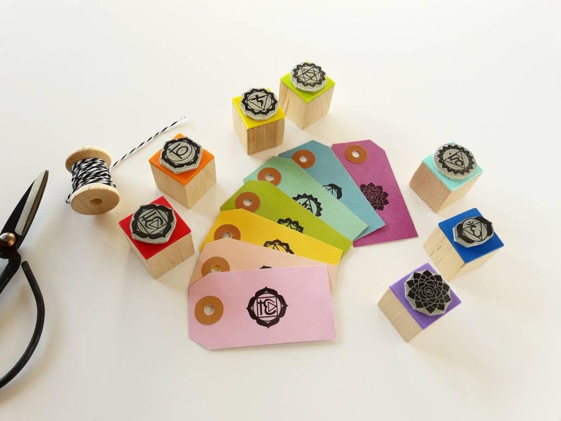 CHAKRAS Rubber Stamps SET, Seven Chakras Stamp, Set of Seven Chakras Stamps, Gift for Yoga Teacher, Reiki Diary, Buddhist Meditation Journal image 2
