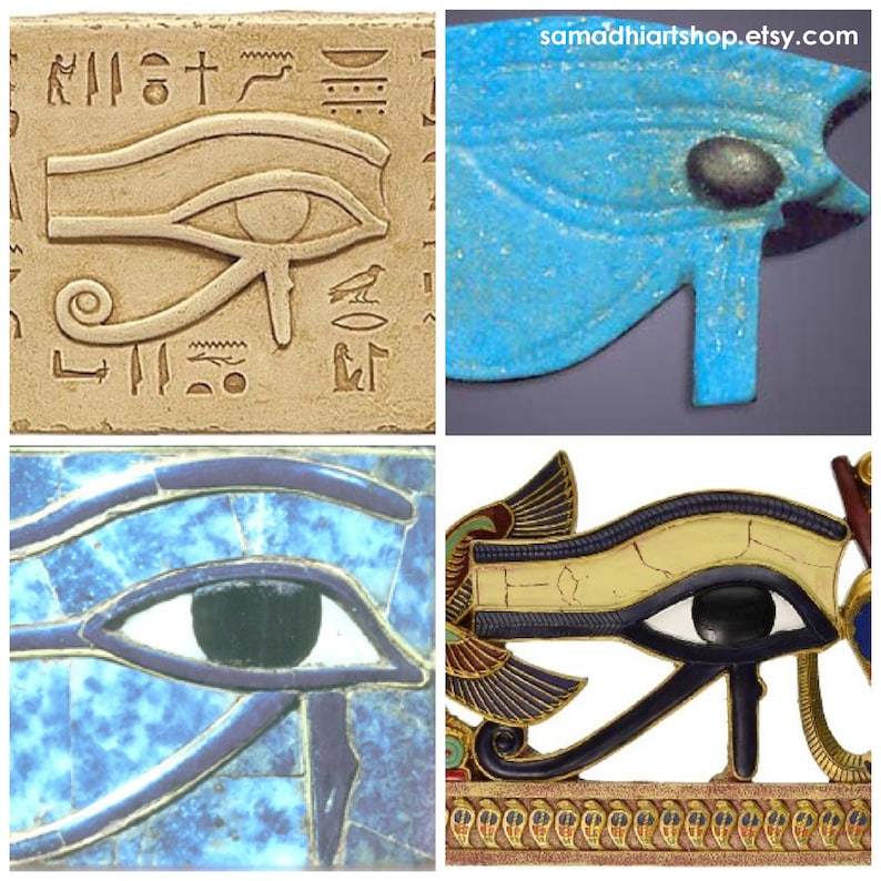 May include: A collage of four images featuring the Eye of Horus, an ancient Egyptian symbol. The images show different styles and materials, including a carved stone relief, a blue glass mosaic, a blue and gold painted design, and a detailed metal sculpture.