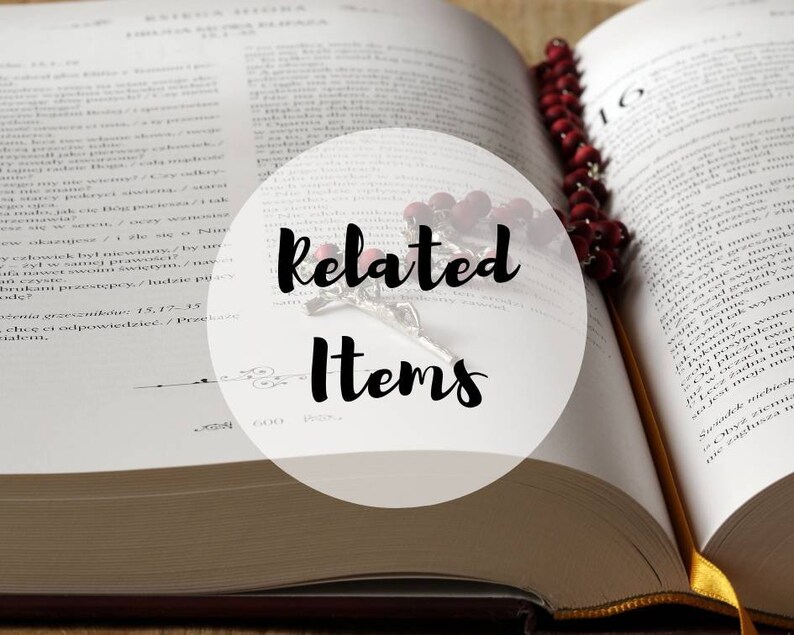 May include: A close-up of an open book with a rosary draped over it. The book is open to a page with text in Polish. The rosary is made of red beads and has a silver crucifix. The text "Related Items" is written in a circle over the image.