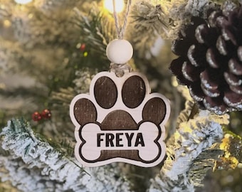 Custom Wooden Pet Paw Ornament, Personalized Christmas Tree Decoration
