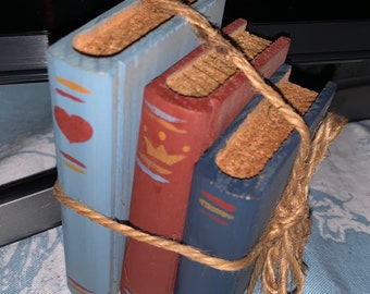 TWO Sets of Adorable Tiny Stacks of Old Wooden “Books” with Jute String