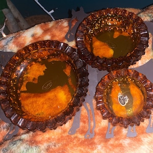 Triplicate Nested Set of Hobnail(?) Amber Fenton Dishes with Intact Label
