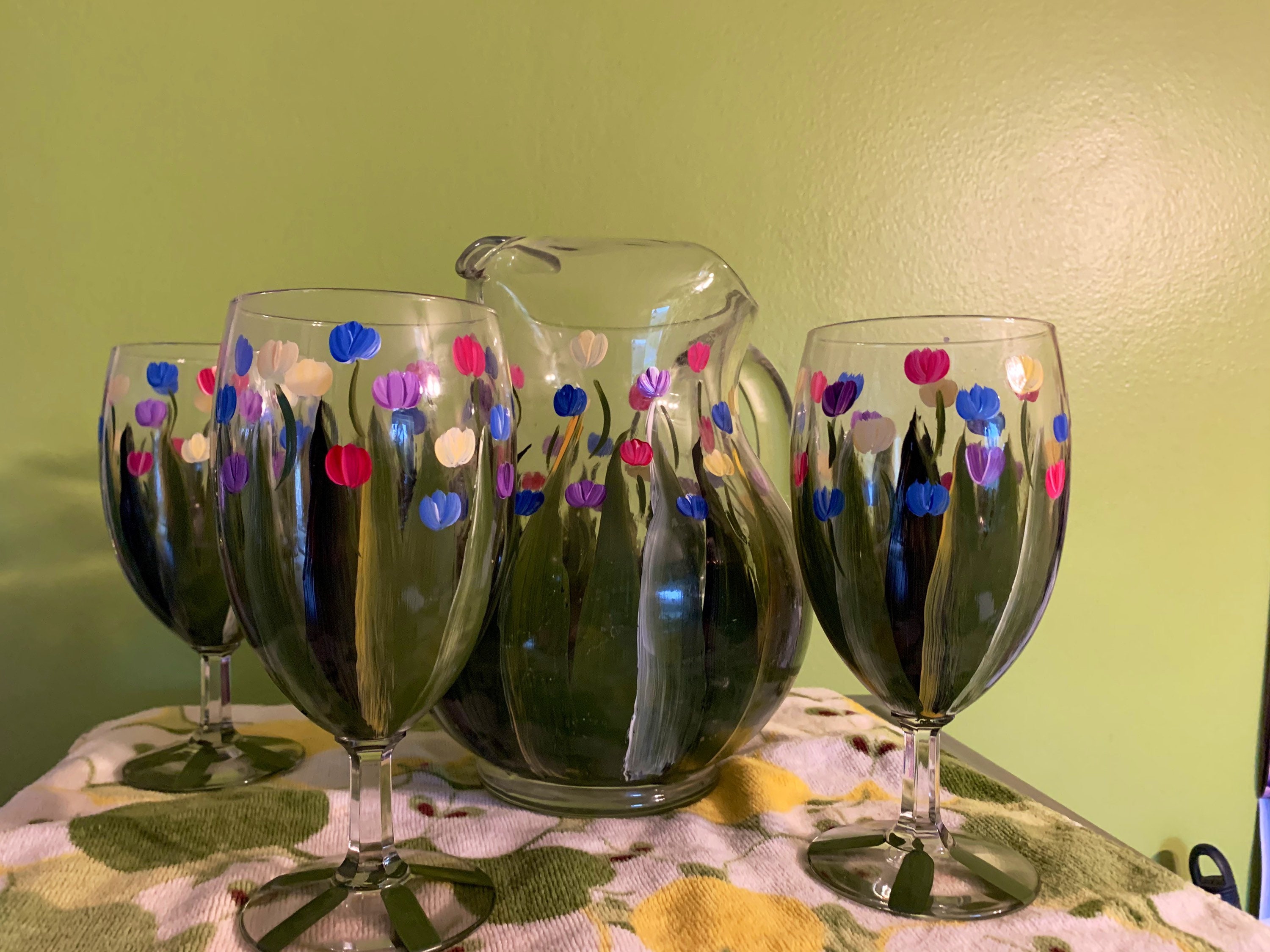 Bright and Sunny Hand-painted Pitcher With Three Stemmed Goblets - Etsy