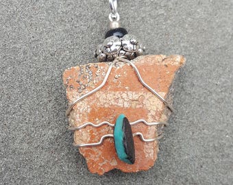 Authentic Native American Indian Ancient Anasazi Pottery Shard Wire Wrapped Pendant With Turquoise