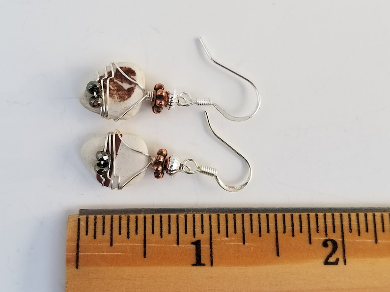 Scottish Ocean Tumbled Sea Glass Beach Pottery Wire Wrapped Earrings With Hematite