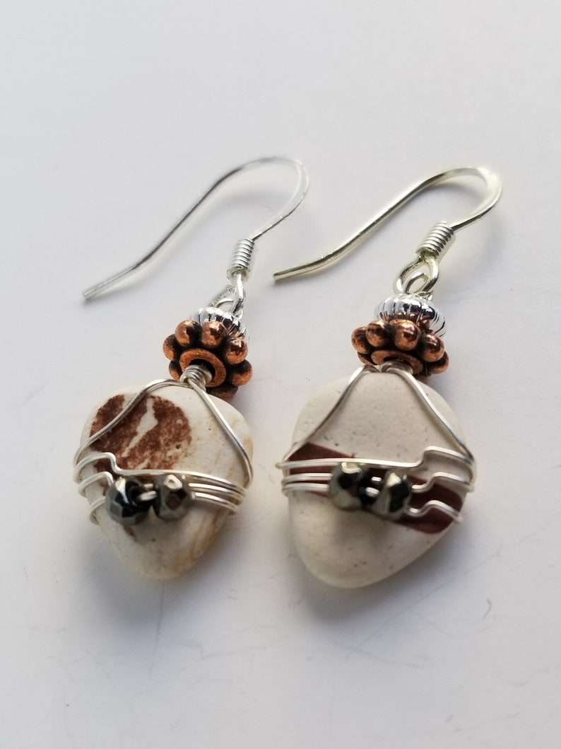Scottish Ocean Tumbled Sea Glass Beach Pottery Wire Wrapped Earrings With Hematite