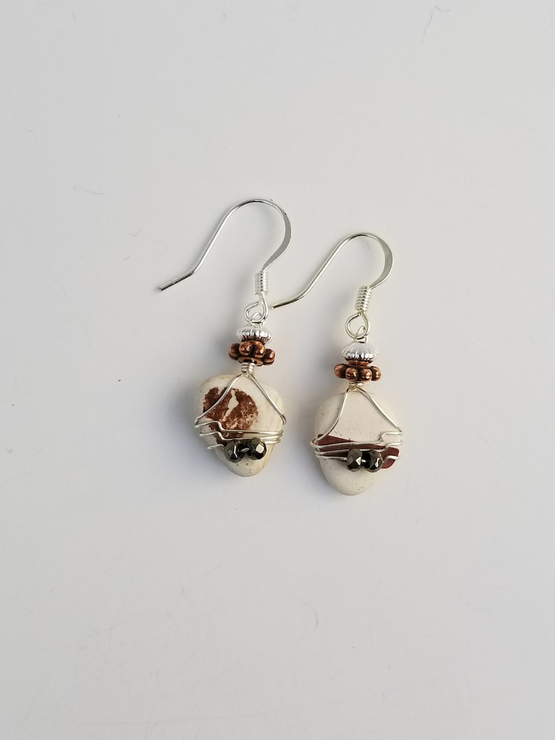 Scottish Ocean Tumbled Sea Glass Beach Pottery Wire Wrapped Earrings With Hematite
