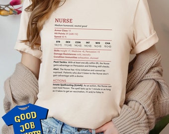 DnD Stat Block Nurse Shirt for Student Nurse Graduation Gift, Nurse Stat Block Shirt, Nerdy Nurse Humor, Nurse Appreciation, RPG Player Tee